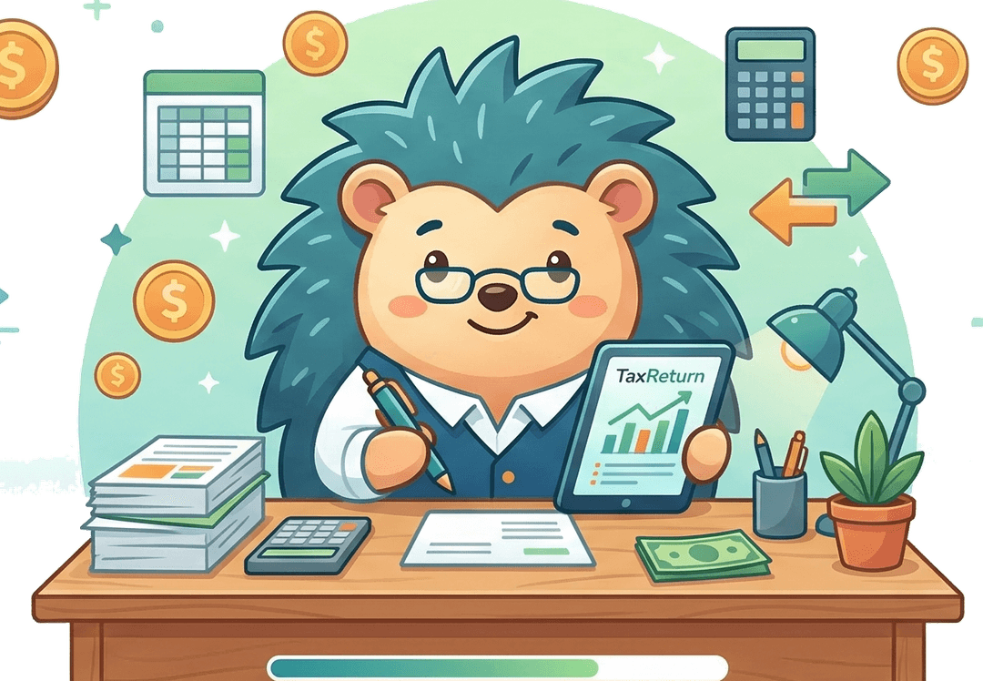Hedgie the hedgehog mascot sitting at a desk with tablet, coins, and documents